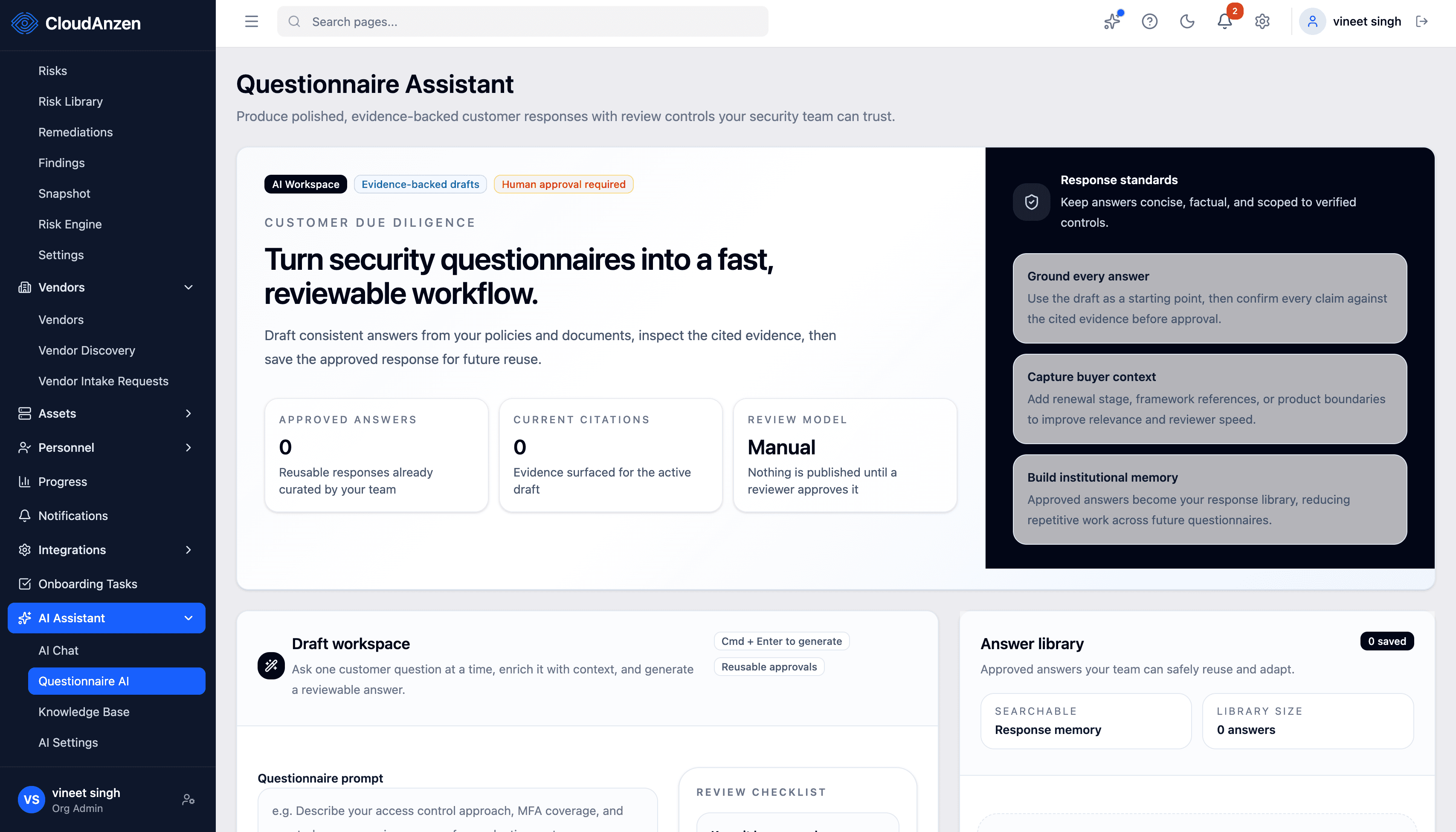 CloudAnzen Questionnaire Automation interface