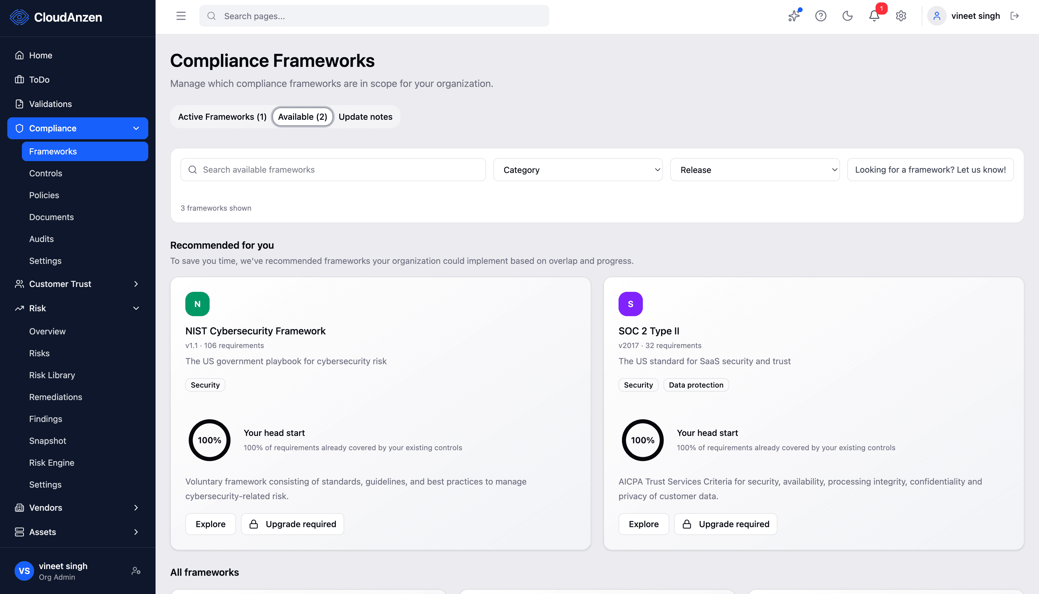 CloudAnzen Compliance Automation interface