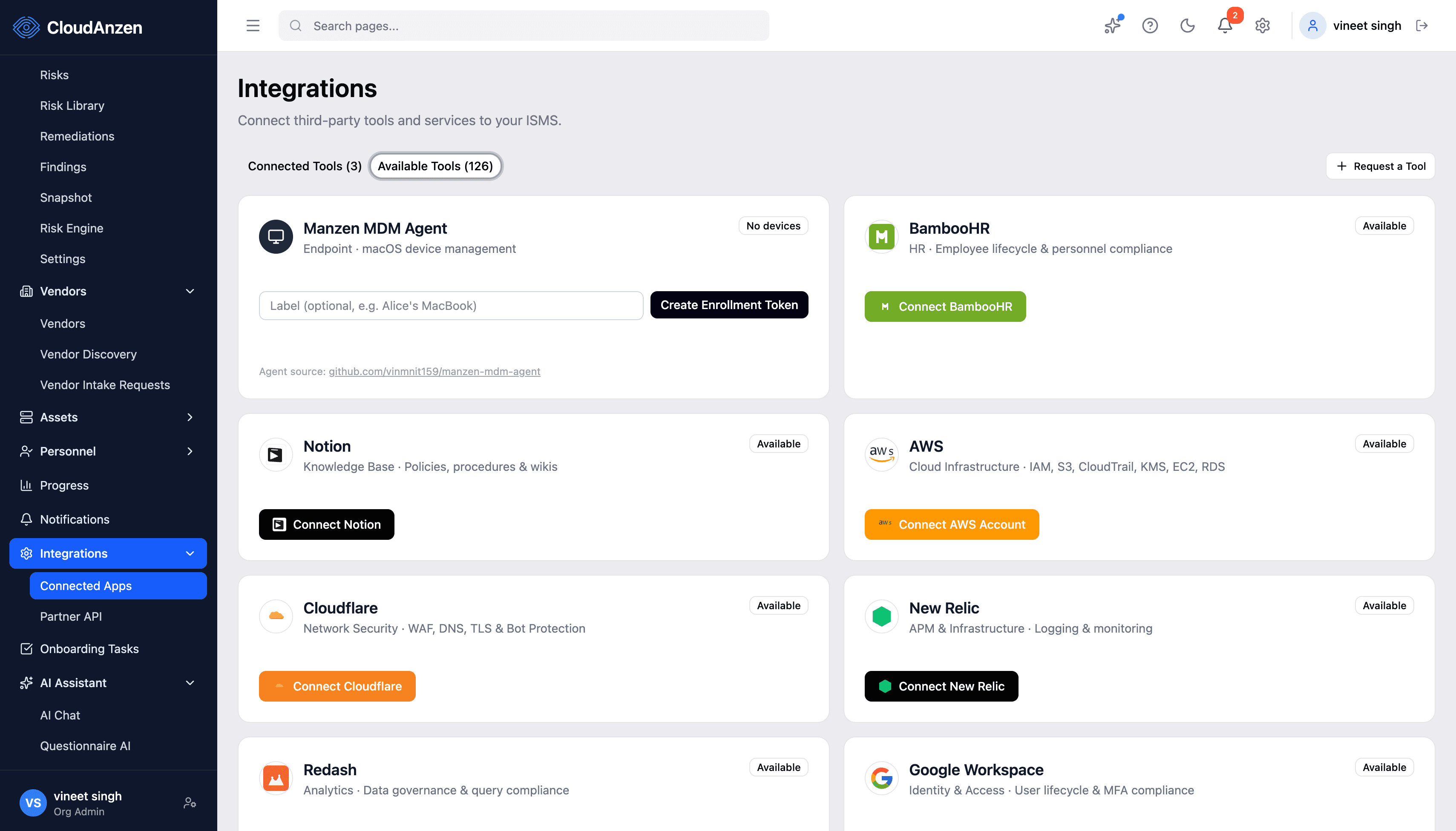 CloudAnzen Integrations interface