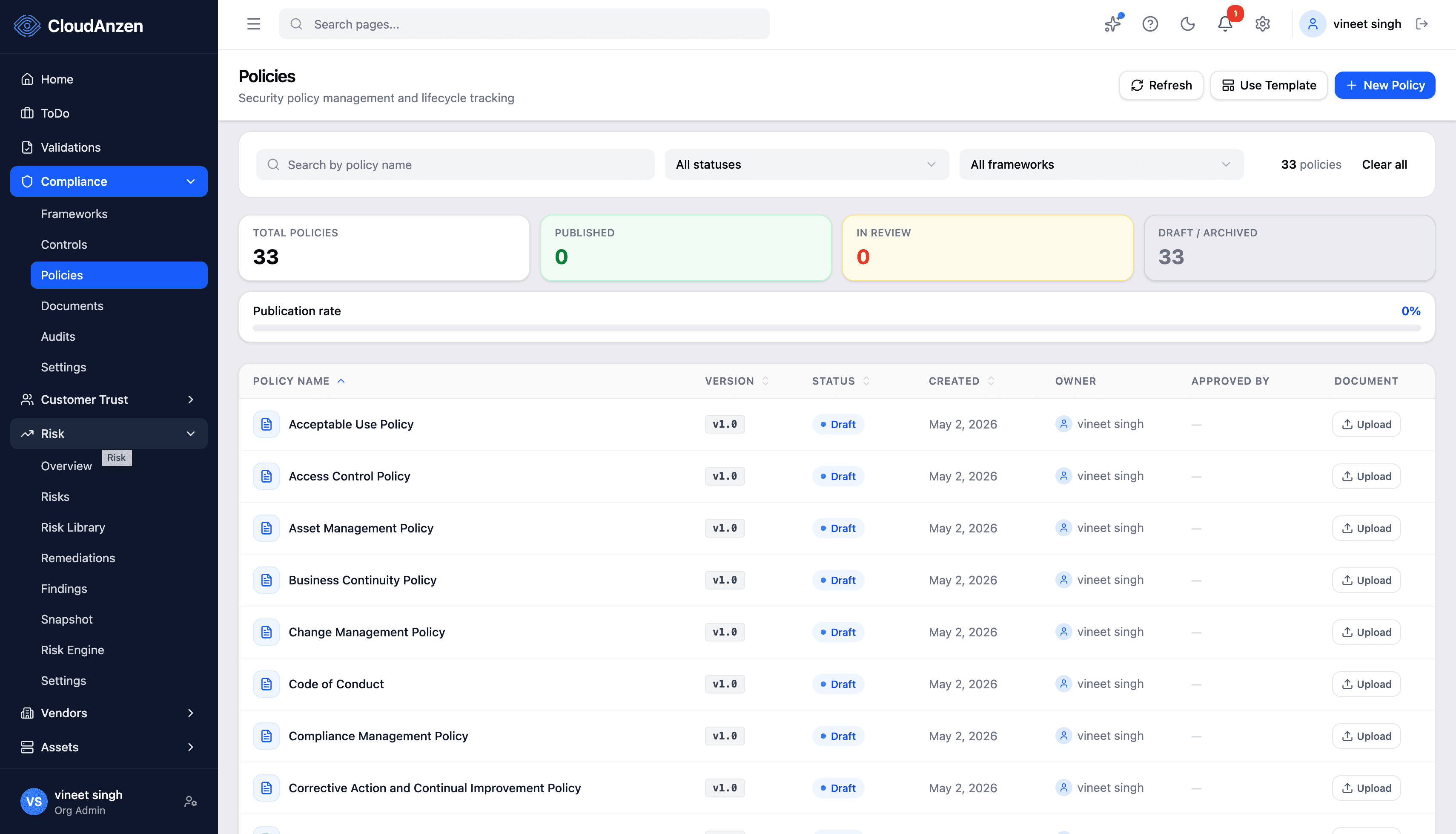 CloudAnzen Policy Management interface