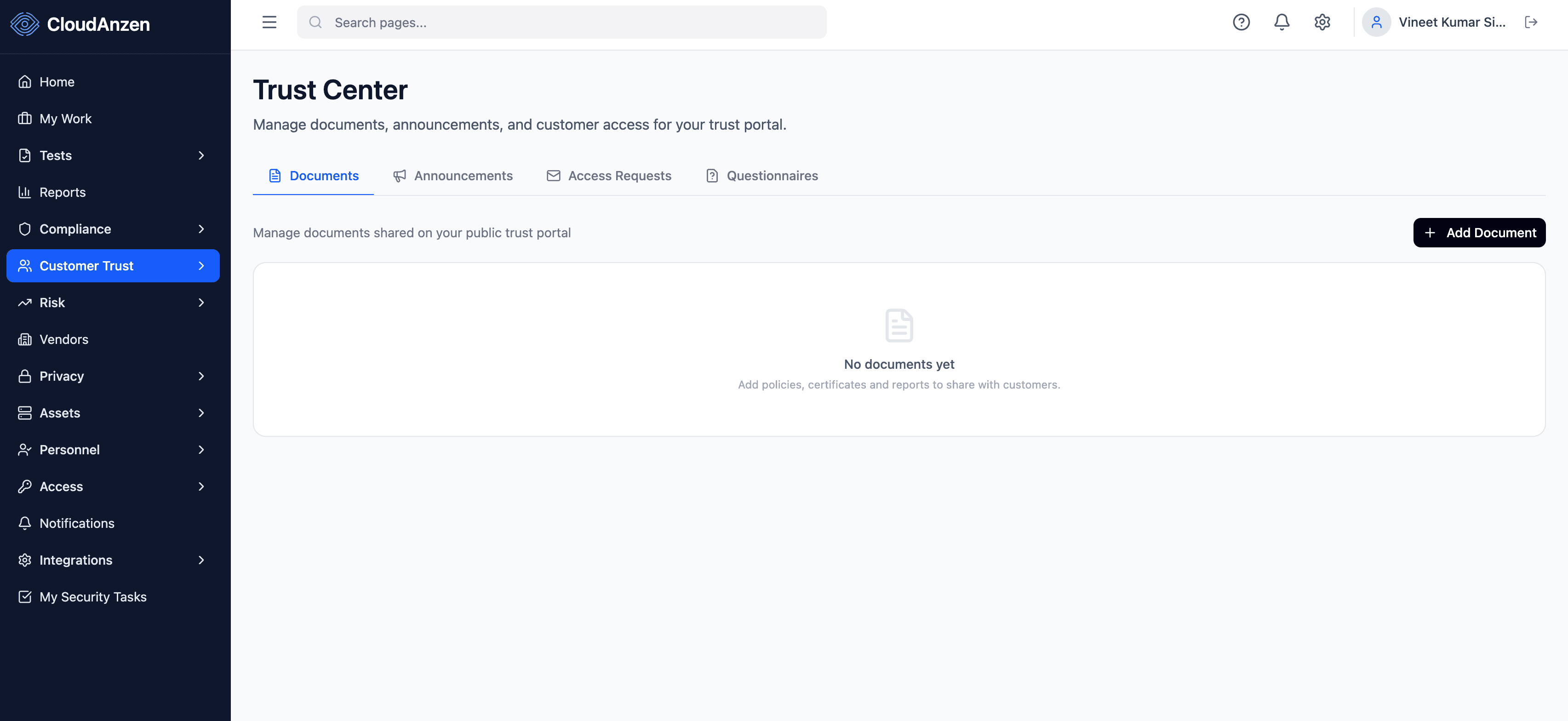 CloudAnzen Trust Center interface