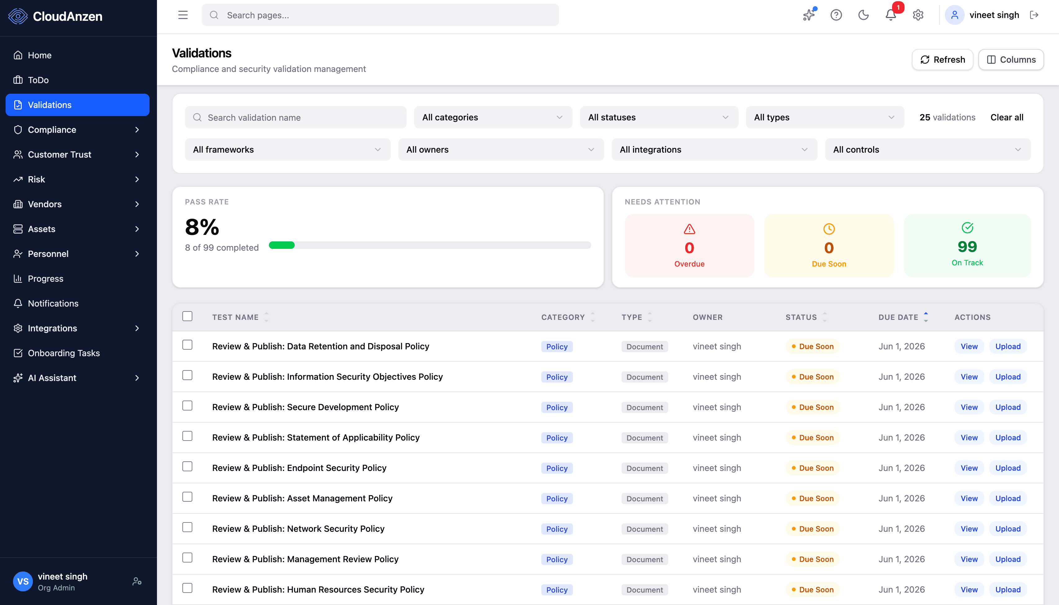 CloudAnzen Continuous Monitoring interface