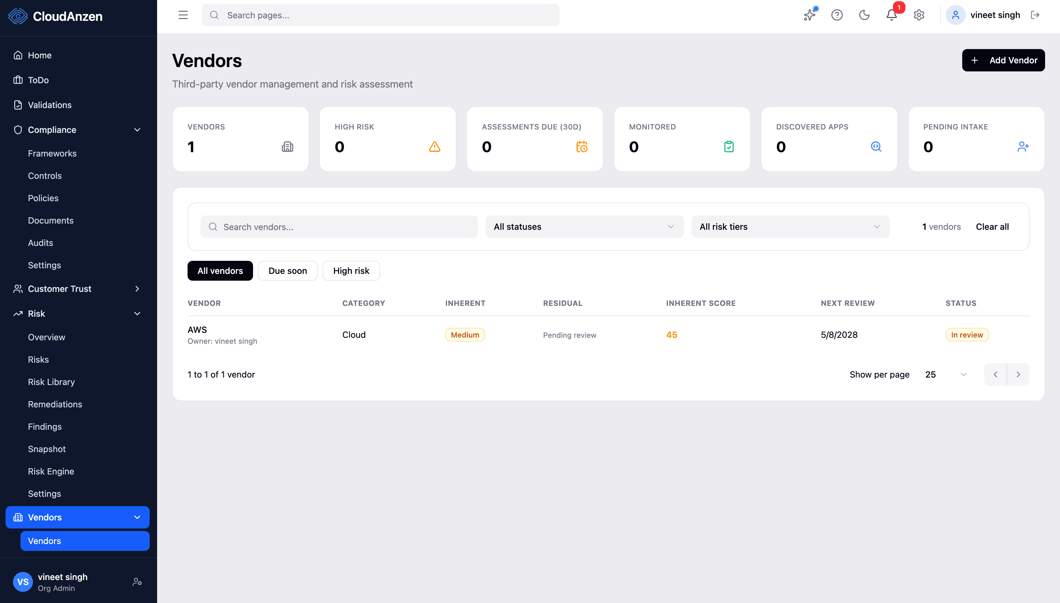 CloudAnzen Vendor Risk Management interface